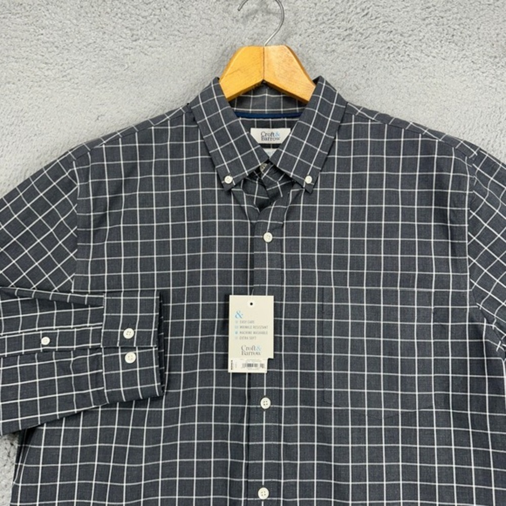 Croft & Barrow Button Down Shirt Mens Large Easy Care Gray Grid Check NEW